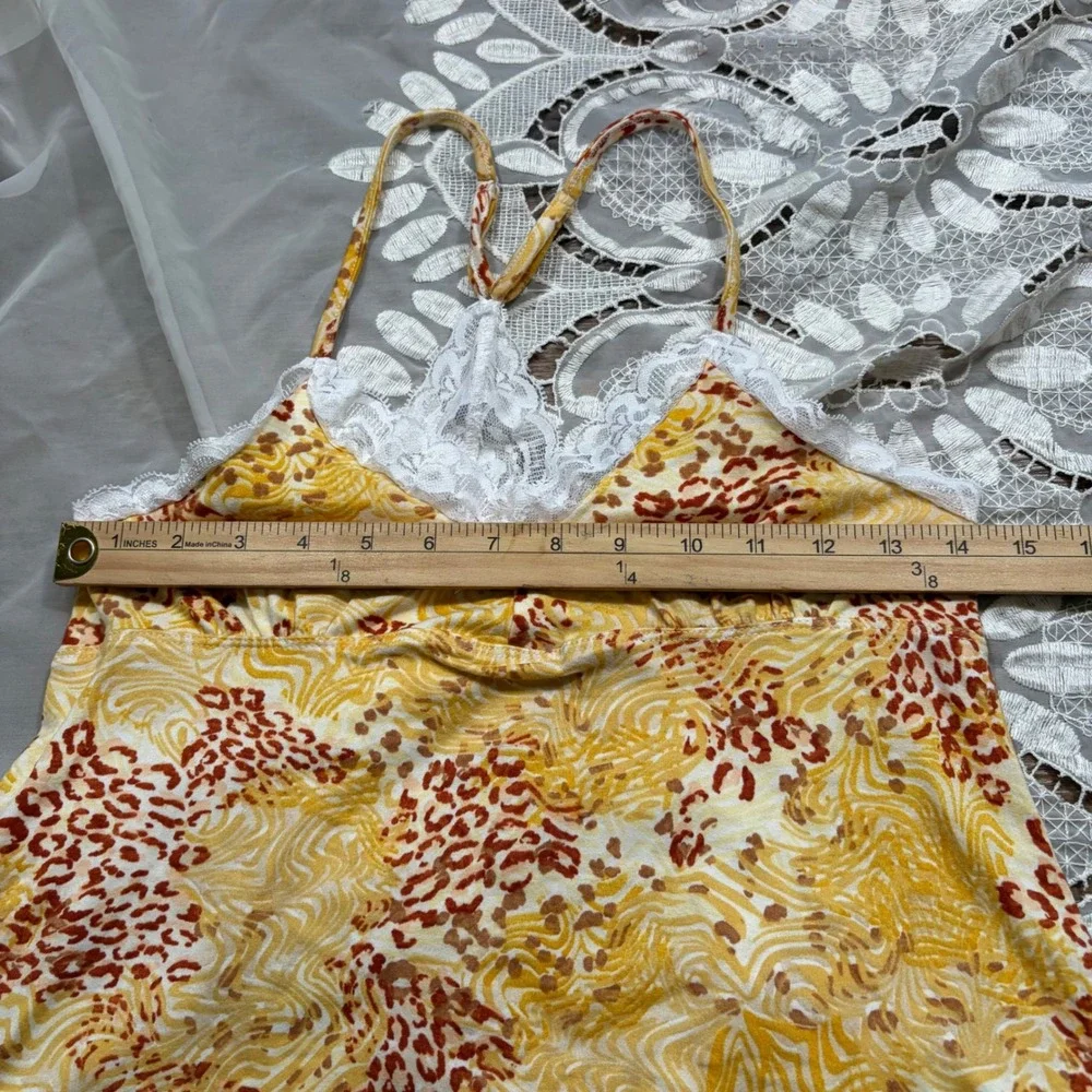 Y2K Yellow Animal Print Lace Trim Pajama Cami Shorts Set S